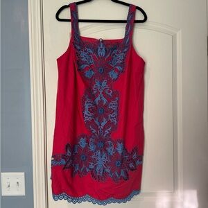 Anthropologie Coral Dress with Blue Floral Embroidery